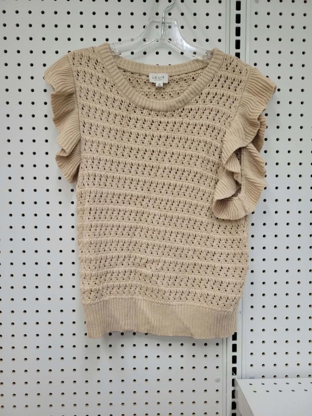 Sleeveless Beige Knitted Sweater With Ruffle Trim By Le Lis Medium